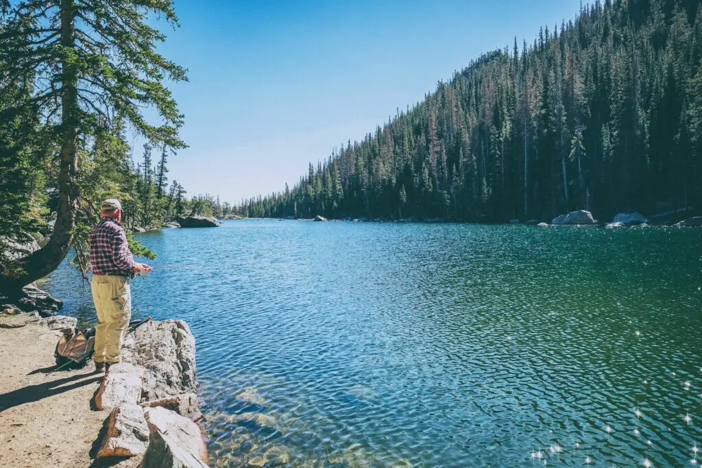 A fishing cooler backpack and fly fisherman at a lake