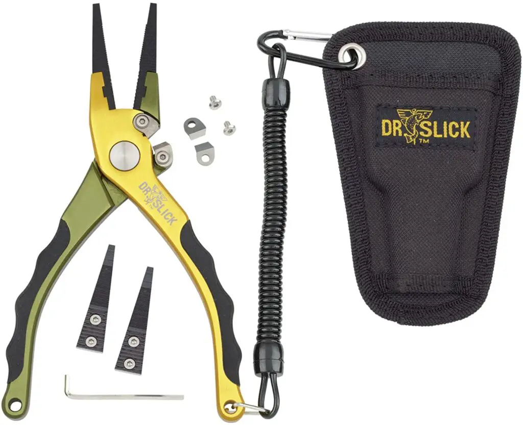 OLDE FLY SHOP ALUMINUM FISHING PLIERS  WITH TUNGSTEN CUTTERS AND SHEATH 