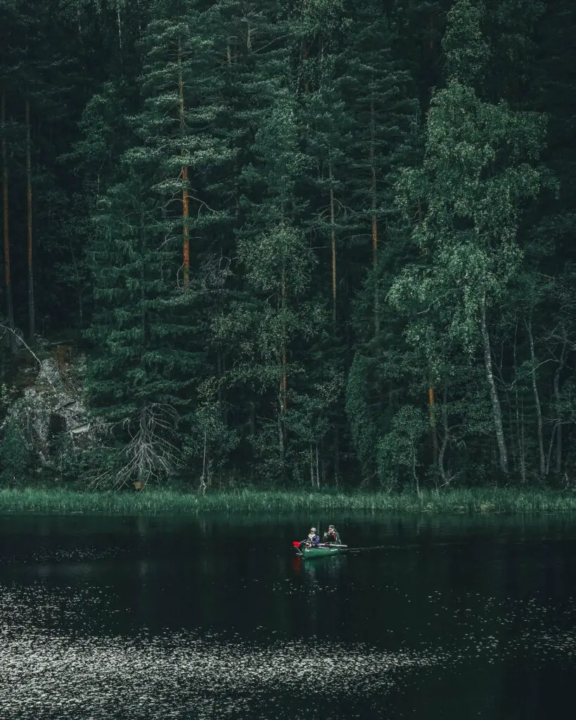 Fishermen in a canoe on a lake fly fishing for pike