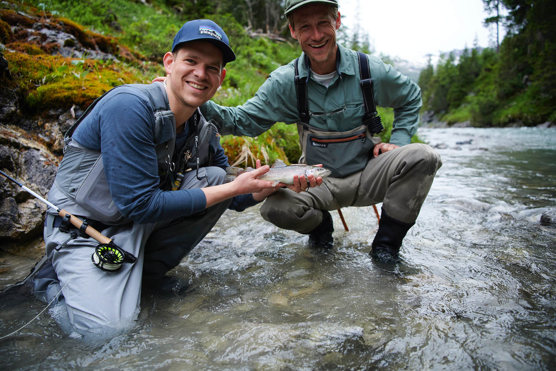 Fly fishermen wearing sunglasses on a boat. Guide on essential fly fishing gear