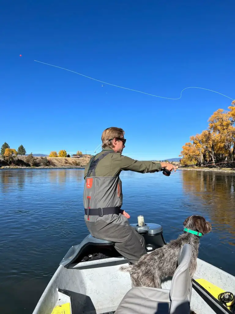 Fly fisherman wearing Simms G3 waders fly fishing the Yellowstone River, Montana.