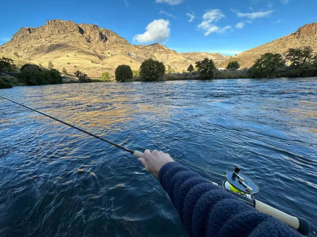 Trout spey fishing for Steelhead on the Deschutes River in Oregon, USA.