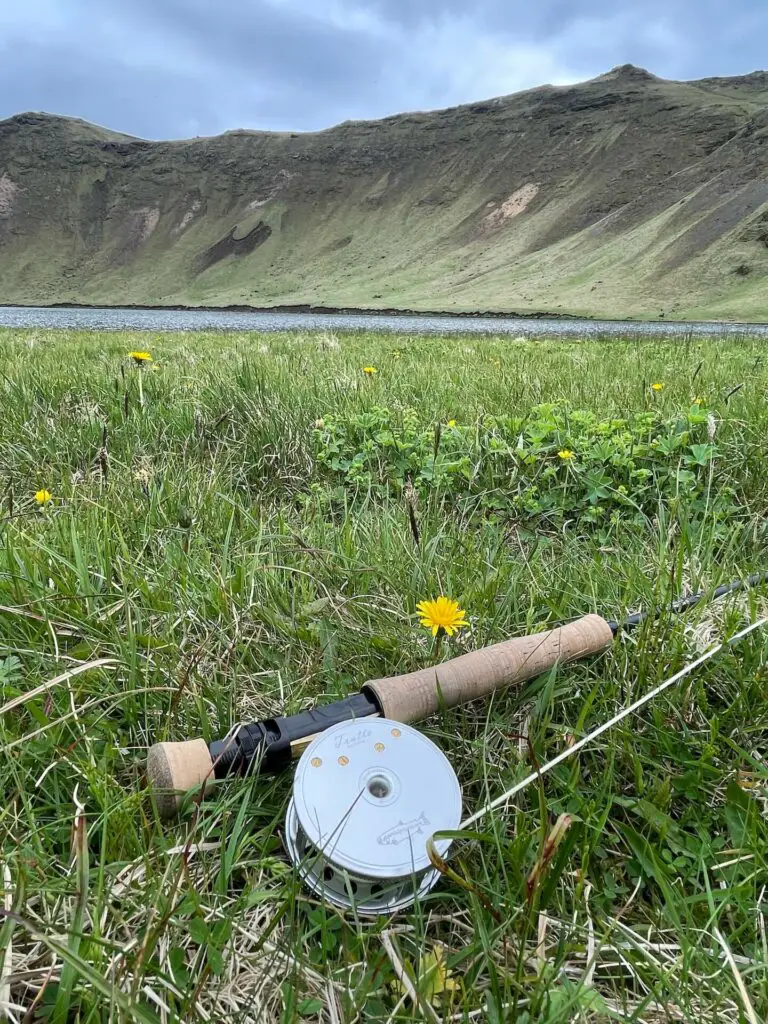 VR Trutta Perfetta Fly Reel in the grass with lake in background