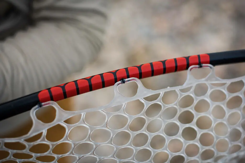 Fly fishing landing net detail of the basket