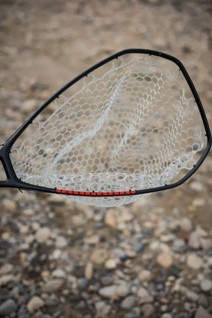 Fly fishing landing net detail of the basket and net