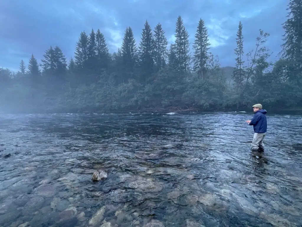 Fly fishing for salmon at Grindal Salmon Lodge, Orkla, Norway