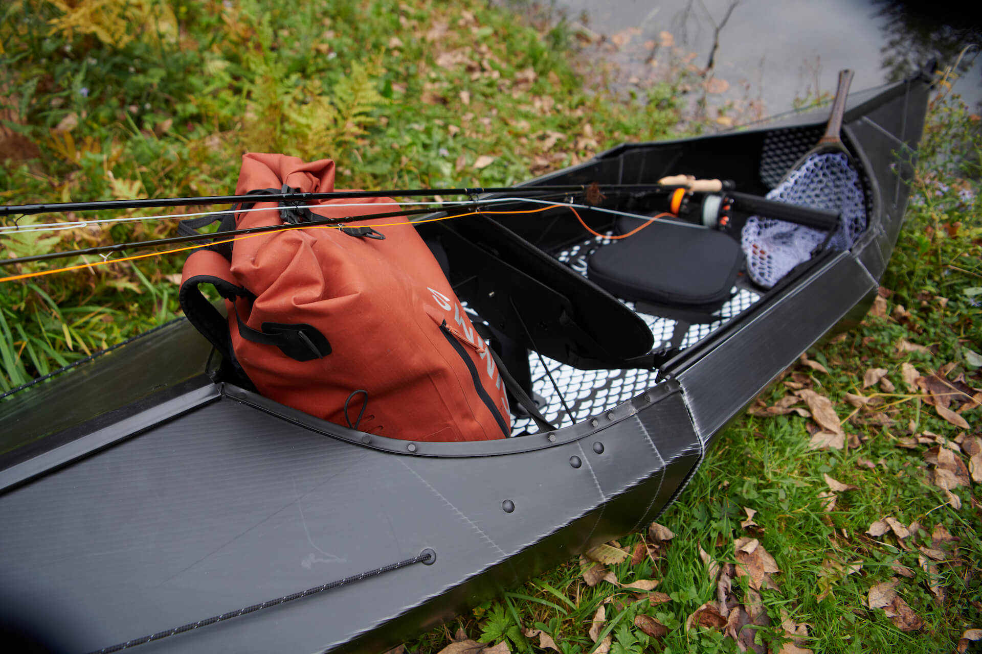 The Oru Beach kayak loaded with fly fishing gear
