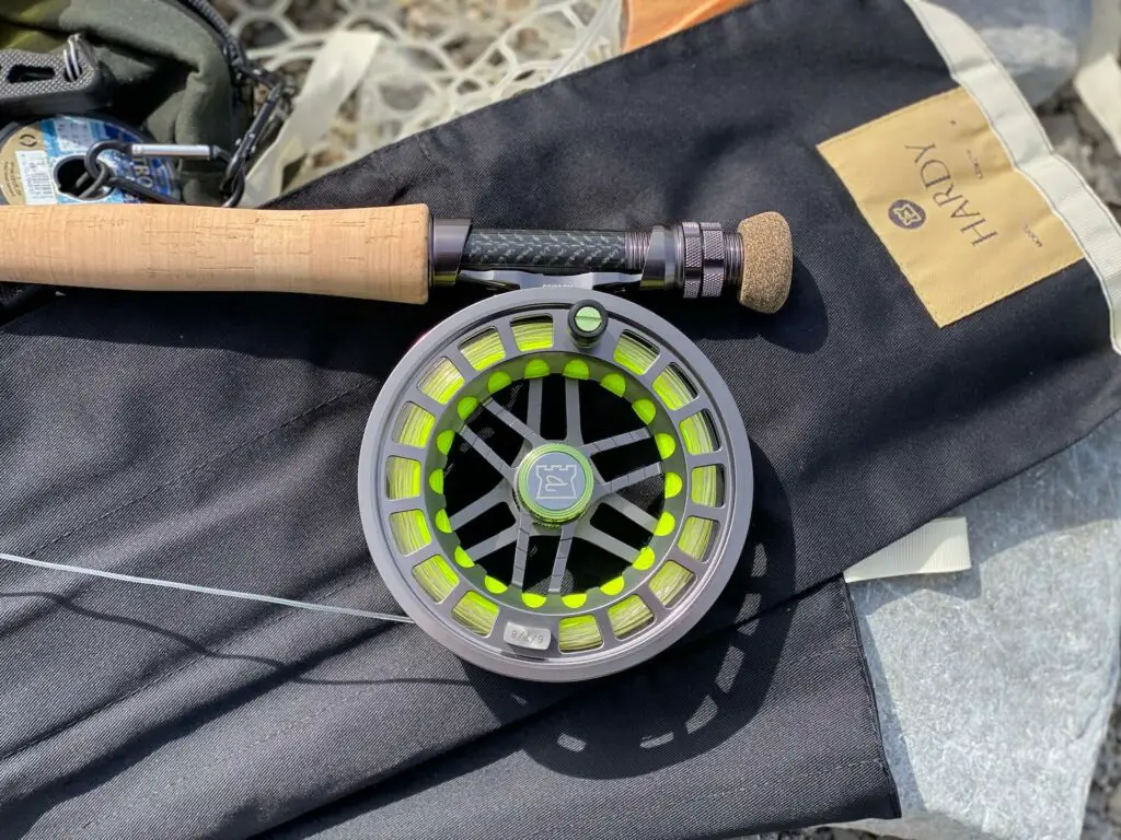 Hardy Ultradisc LA Fly Reel on rod sock