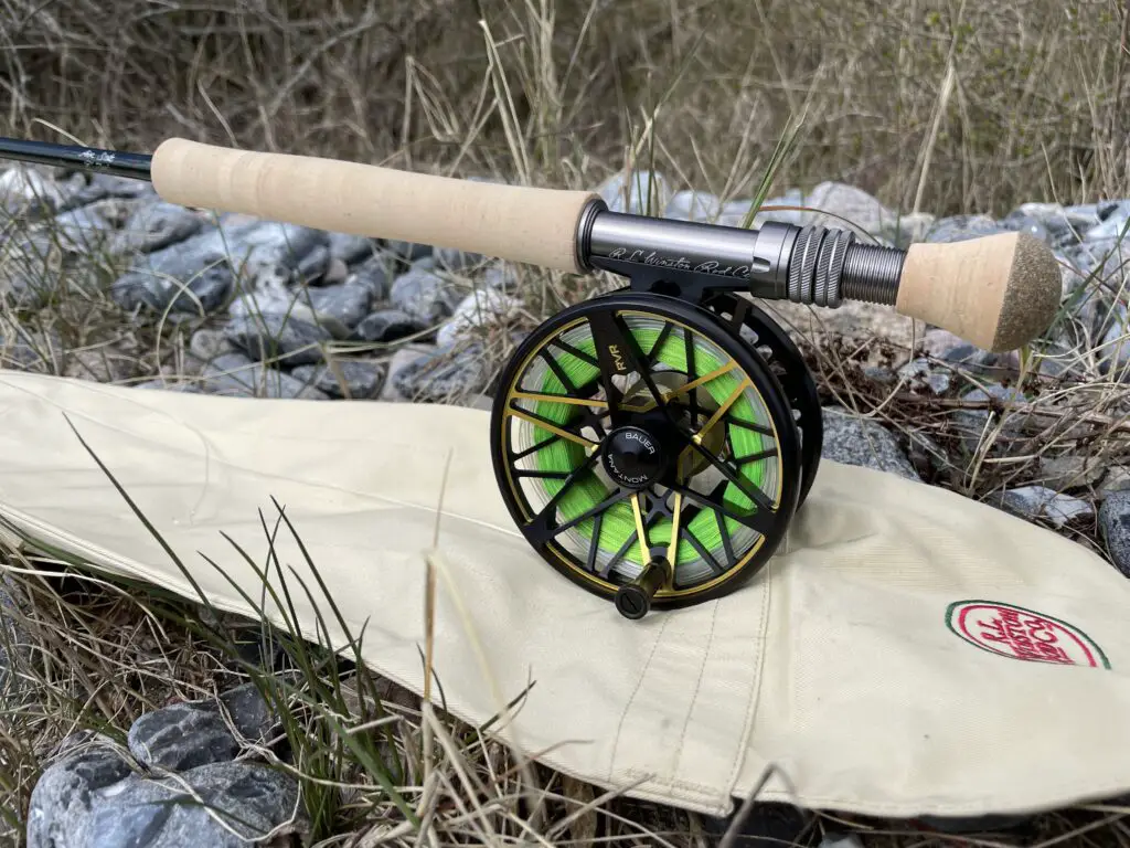 Winston Air Salt Fly Rod on bank with Bauer RVR Fly Reel