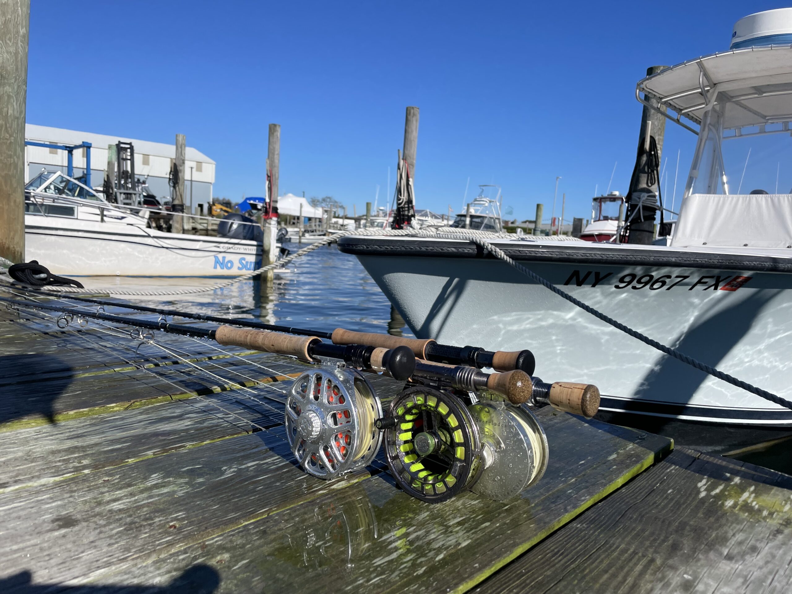 8 weight fly rods on dock