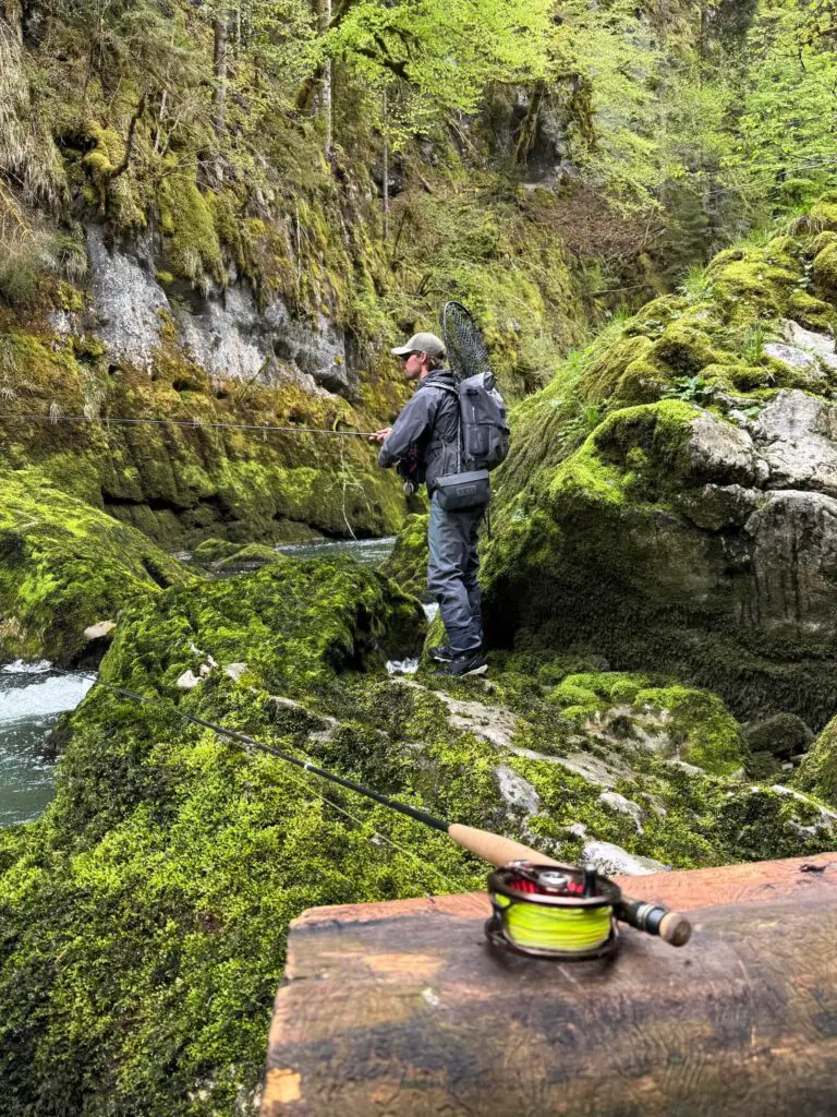 Climbing over mossy rocks was easy with the Guideline Experience Backpack.