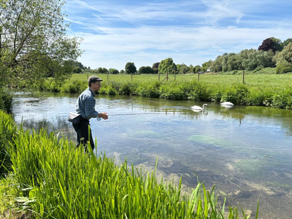 Fly fisherman fishing a small river