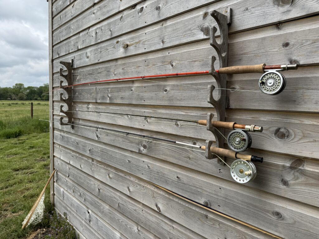 Fly rods on rack at hut