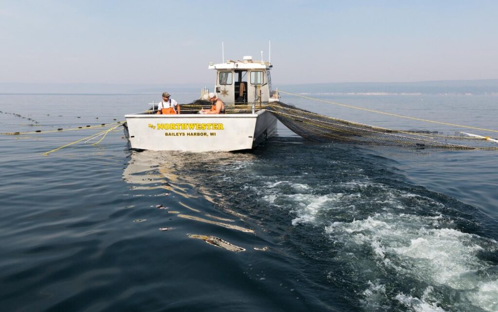 Gillnetting vessel operating on Yellowstone Lake
