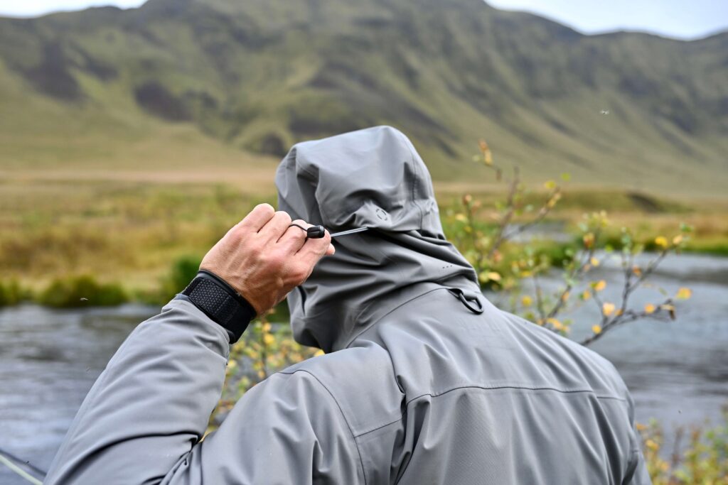 Hood on the Patagonia Swiftcurrent Wading Jacket